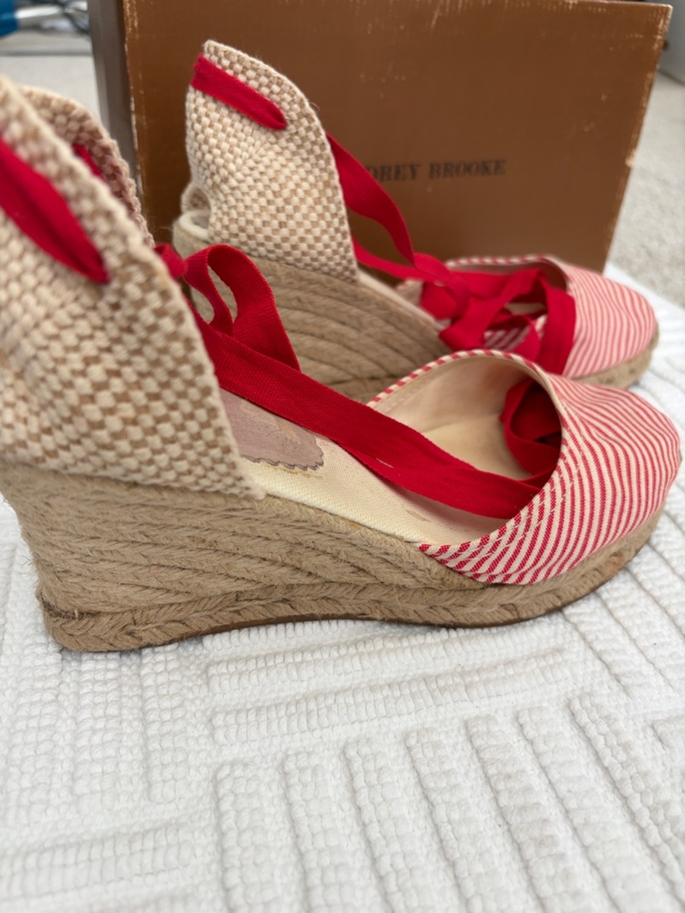 Audrey Brooke Red and Cream Striped Espadrille Wedge with Red Ankle Ties